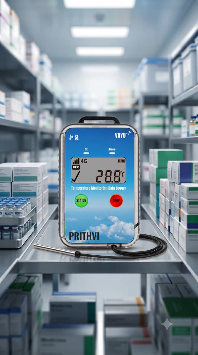 Mysuru temperature data logger: Vayu Pro GSM data logger with an external probe on a pharmacy storeroom shelf