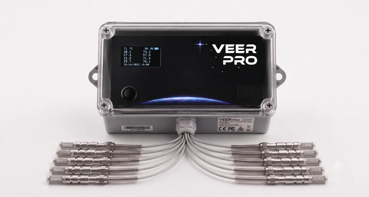 Solan temperature data logger: Veer Pro ten-channel data logger with probes for temperature and humidity monitoring