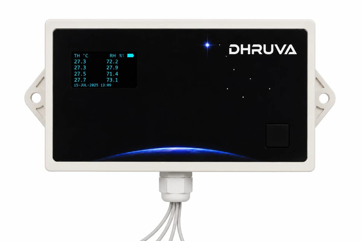 Dhruva four-channel WiFi data logger with four live temperature readings on its display