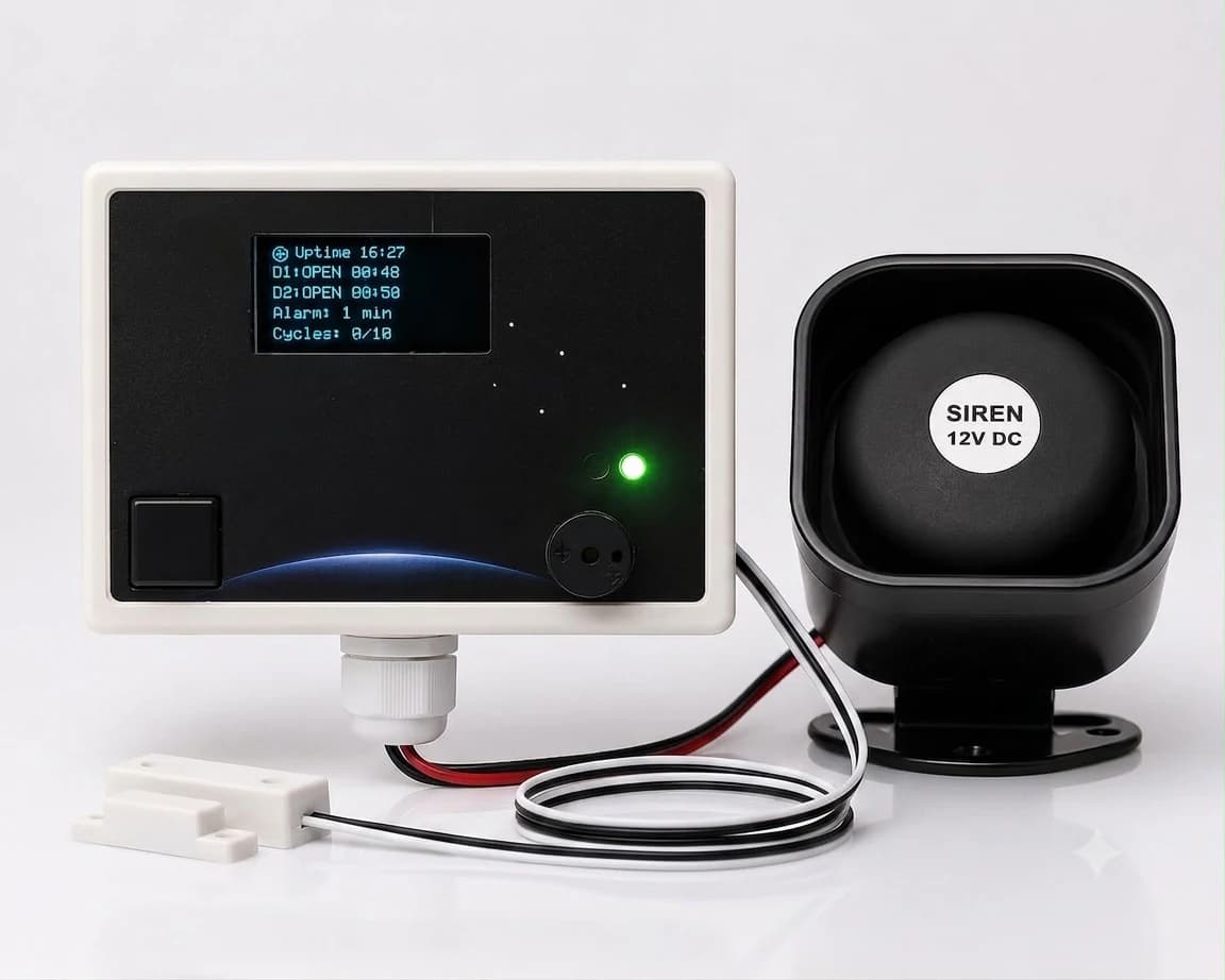 External hooter with door sensor, an accessory that sounds an alarm when a door is left open
