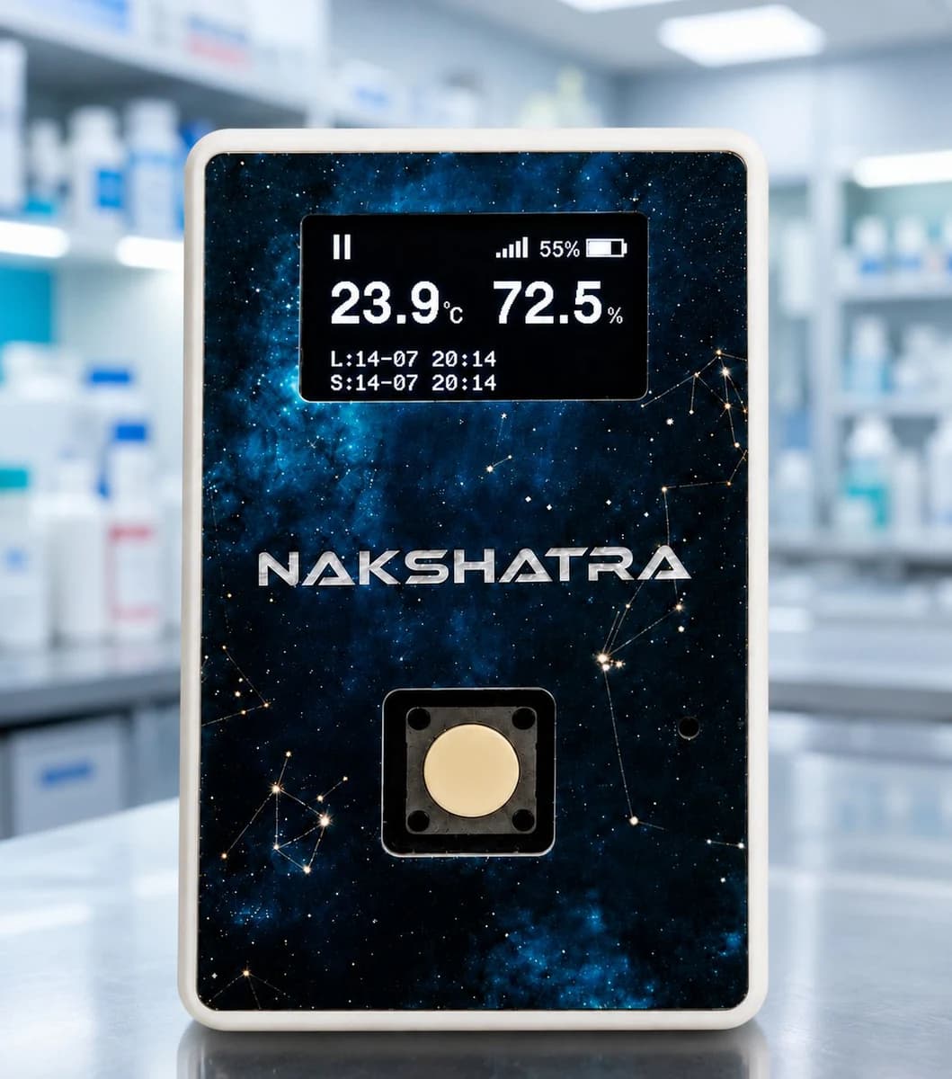 Nakshatra WiFi temperature and humidity data logger showing live temperature and humidity