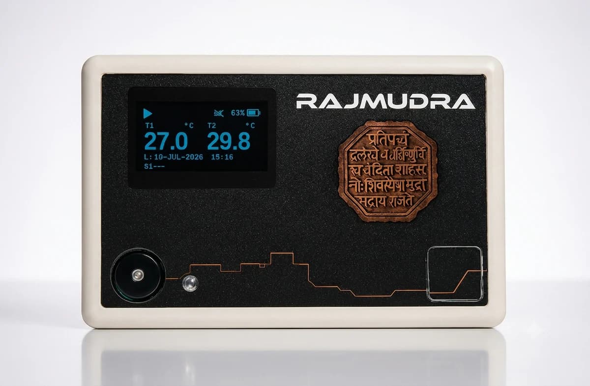Rajmudra two-channel WiFi data logger showing two live temperature readings