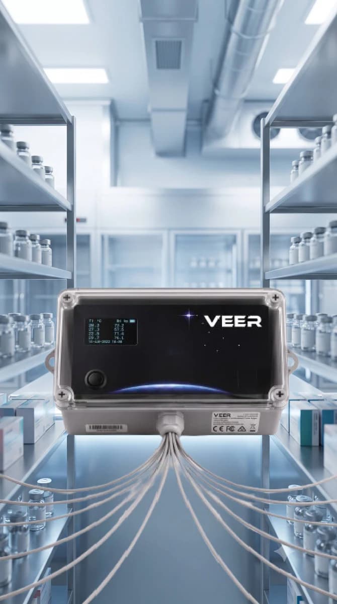 Veer ten-channel WiFi temperature data logger mounted in a pharmaceutical storeroom