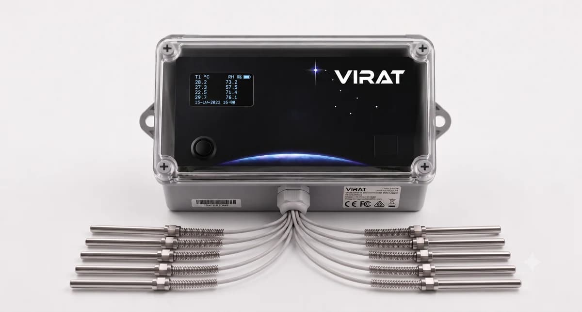 Virat sixteen-channel WiFi temperature data logger with its probes laid out